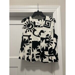 Paper Heart Linen Blend Black White  Vest Button Geometric Print Size Large Art